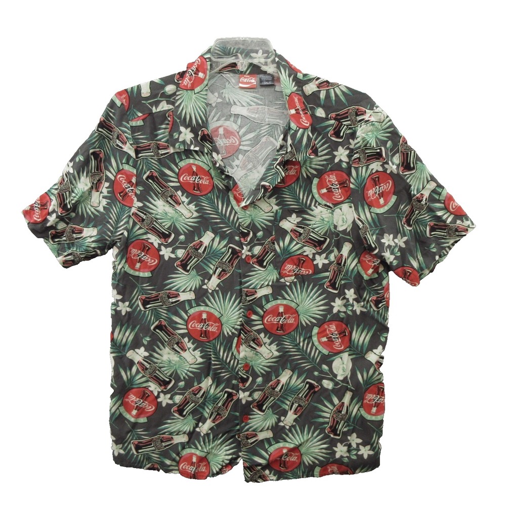 Coca Cola Mens Shirt Large Classic Hawaiian Short Sleeve Floral 100% Rayon